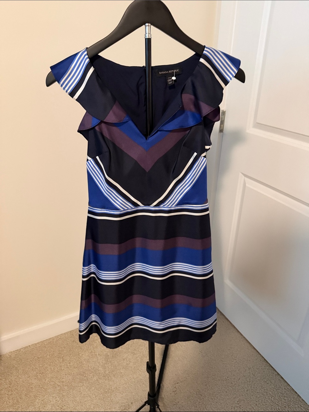 Banana Republic Navy, Blue & White Striped Ruffle V-Neck Mini Dress